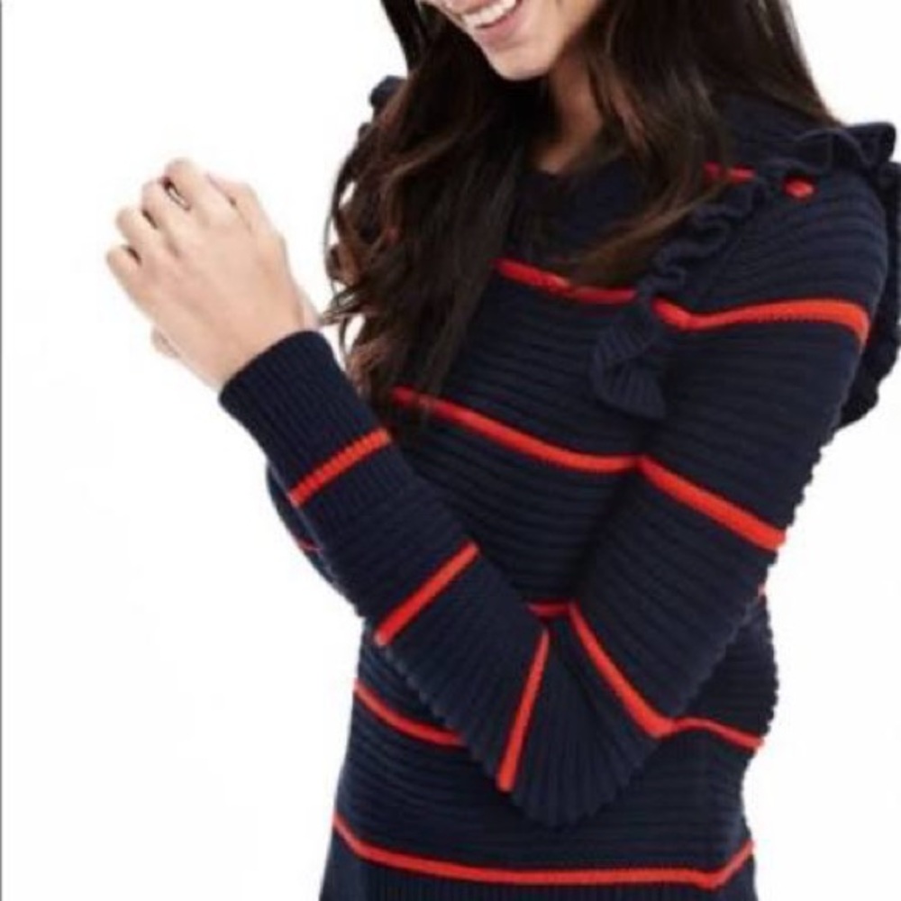 Banana Republic Navy and Orange Striped Sweater with Ruffle Shoulder Size M - Picture 4 of 8